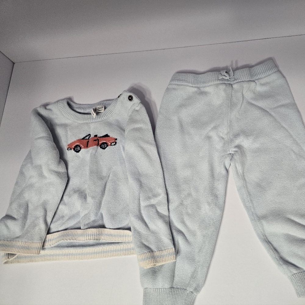 Baby Blue Knit Sweater and Pants Set with Car Design 18 24 Months